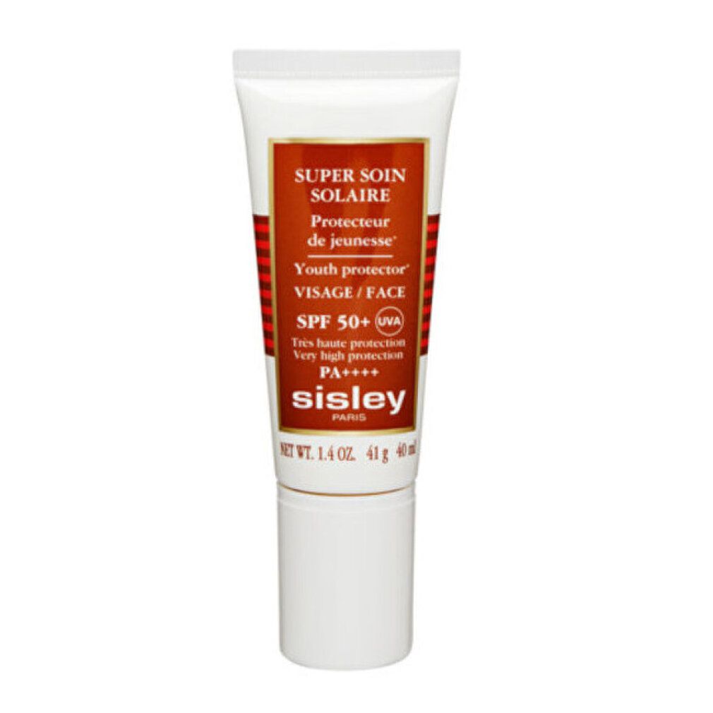 Tube Sisley Super Soin Solaire Visage SPF 50+. Weißer Tube mit braunem Etikett. Text: SPF 50+, 41 g.