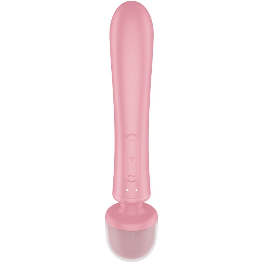 Rosa Vibrator mit Bedienknöpfen und abgerundetem Kopf. Der Schaft ist länglich und hat eine glatte Oberfläche.