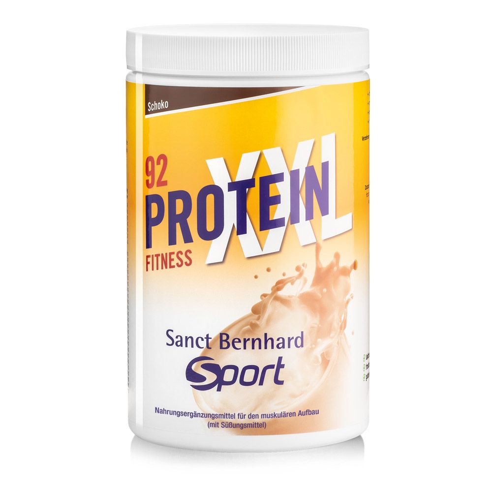 Weißes Sport-Protein-XXL-Behälter mit gelbem Etikett. Aufschrift: "92 PROTEIN FITNESS". Marke: Sanct Bernhard Sport.