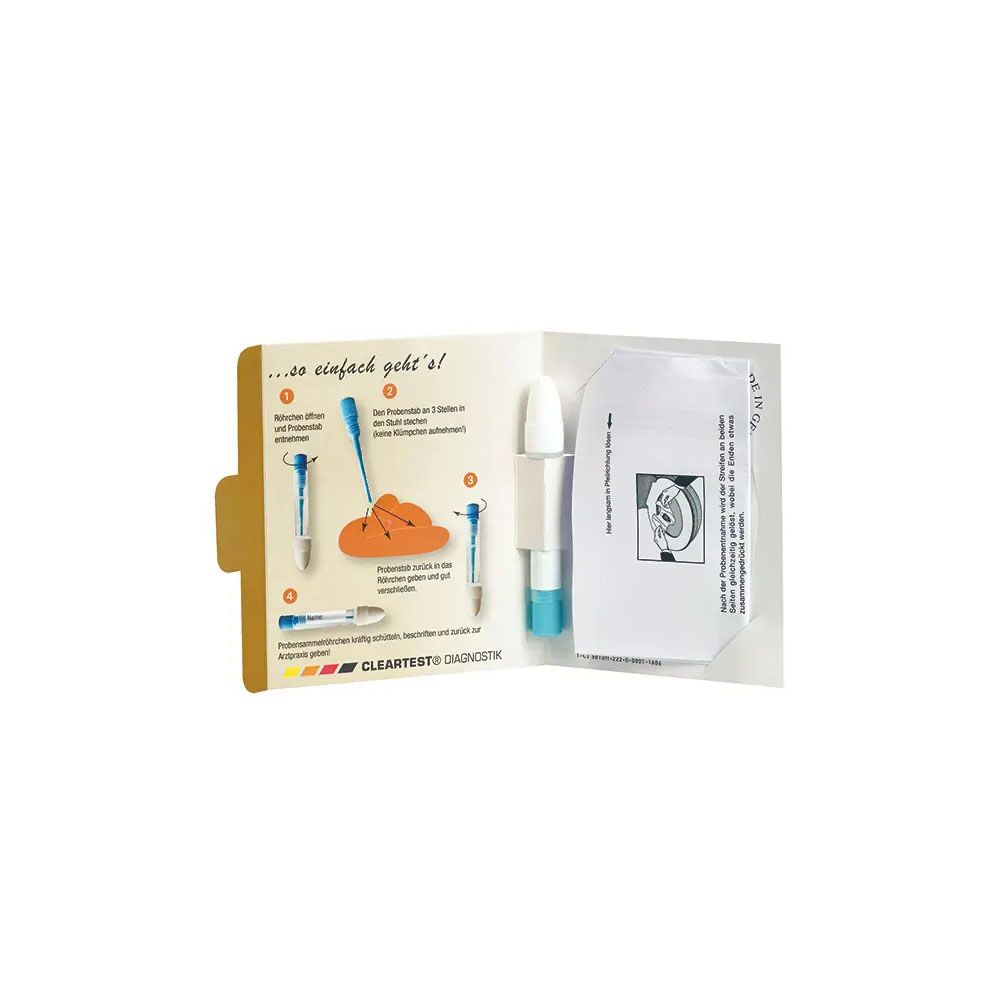Testkit mit Anleitung, Teststäbchen und Beutel. Enthält farbige Diagramme und den Schriftzug "Cleartest".