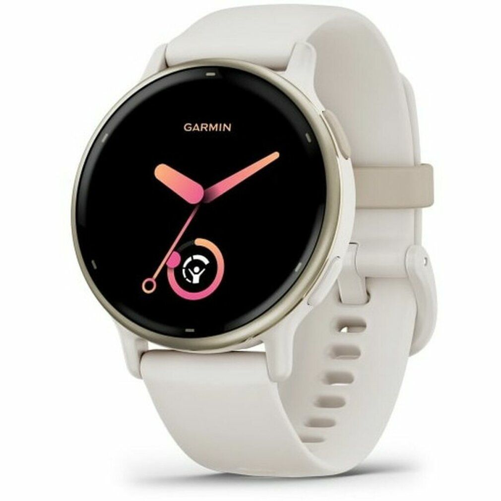 Garmin v?voactive 5 Creme Gold. Runde Smartwatch mit weißem Armband und goldenem Gehäuse. Zifferblatt mit rosa Akzenten.