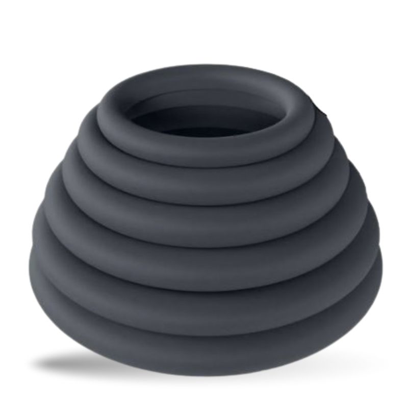 Grauer Silikonring-Turm mit sechs Ringen. Die Ringe sind ineinander verschachtelt.