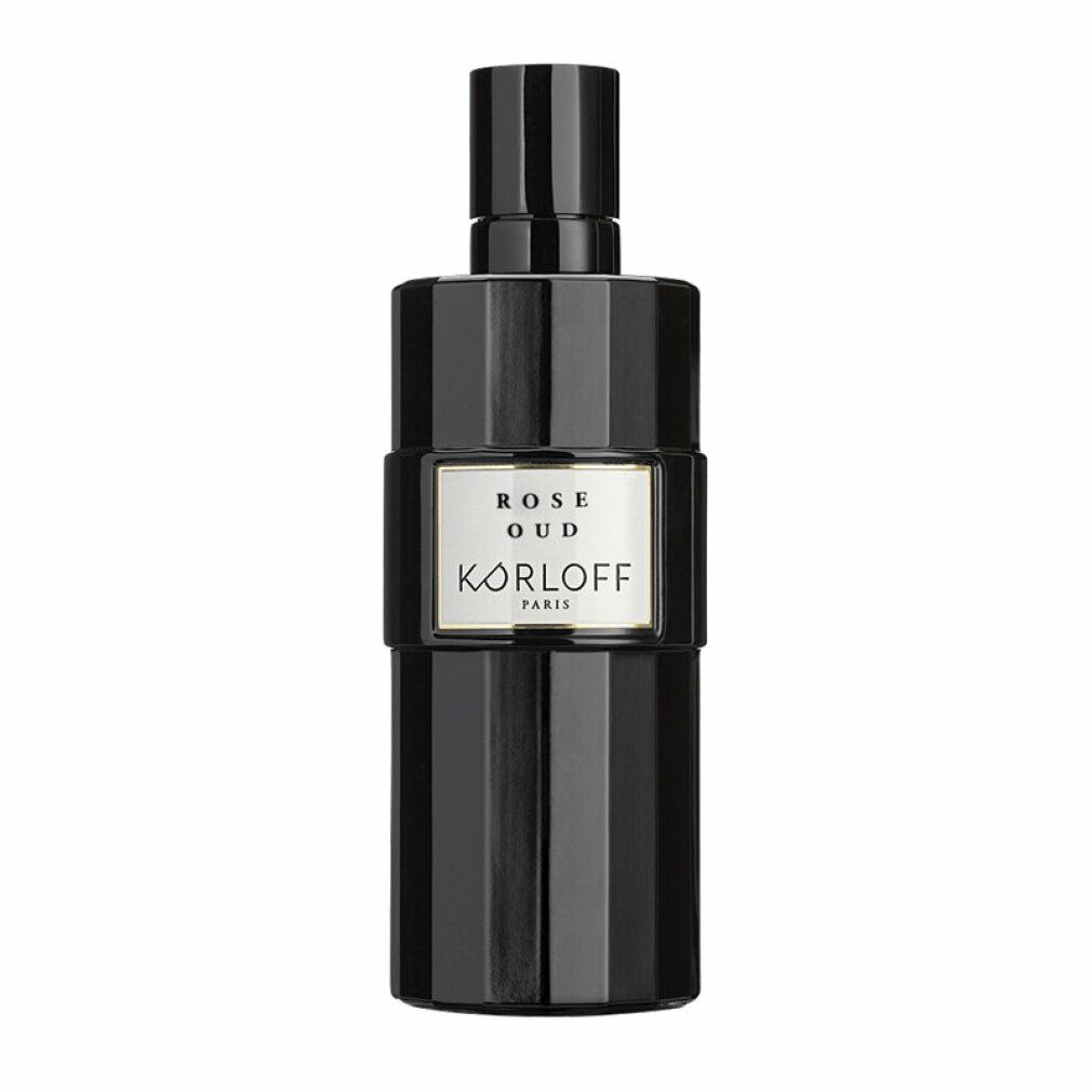 Schwarze Flasche mit weißem Etikett. Aufschrift: Rose Oud, KORLOFF PARIS. Schwarzer Verschluss.