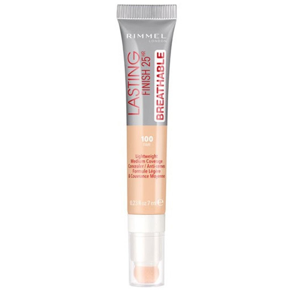 Rimmel Concealer-Tube. Silberne Kappe, Schriftzug "LASTING FINISH 25HR BREATHABLE". Farbton 100. 7 ml.