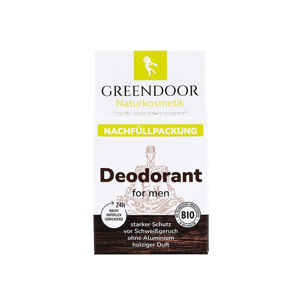 Nachfüllpackung Deodorant für Männer. Aufschrift: GREENDOOR Naturkosmetik, Deodorant for men, BIO-Siegel.