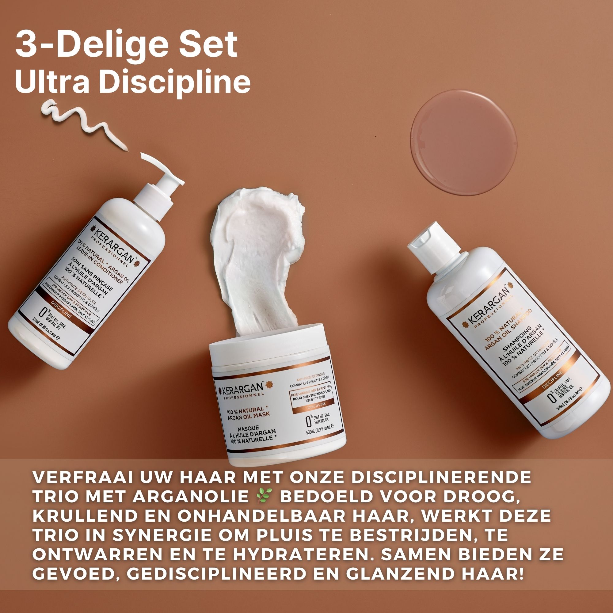 Drie Kerargan producten op bruine achtergrond. Shampoo, masker en leave-in. Tekst en productafbeeldingen.