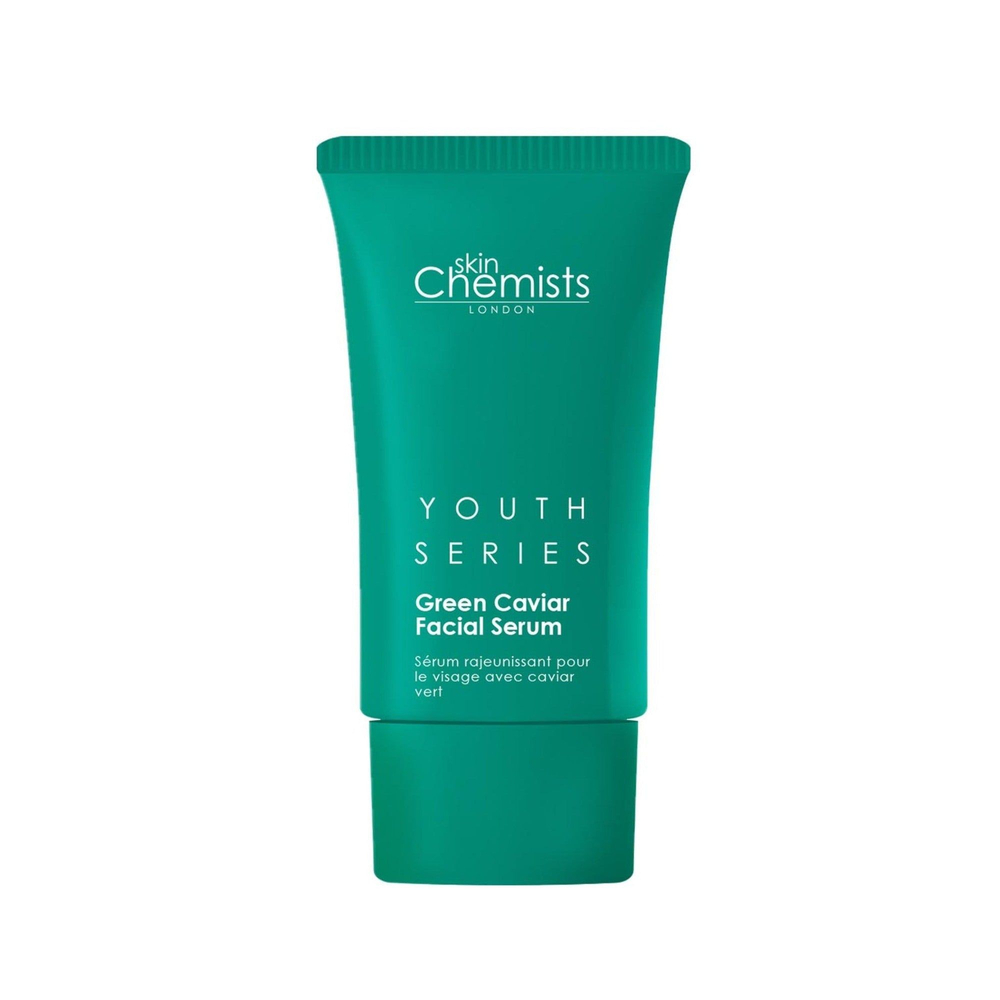 Grünes Serum-Tuben-Design. Text: skinChemists, Youth Series, Green Caviar Facial Serum. Türkisgrün.