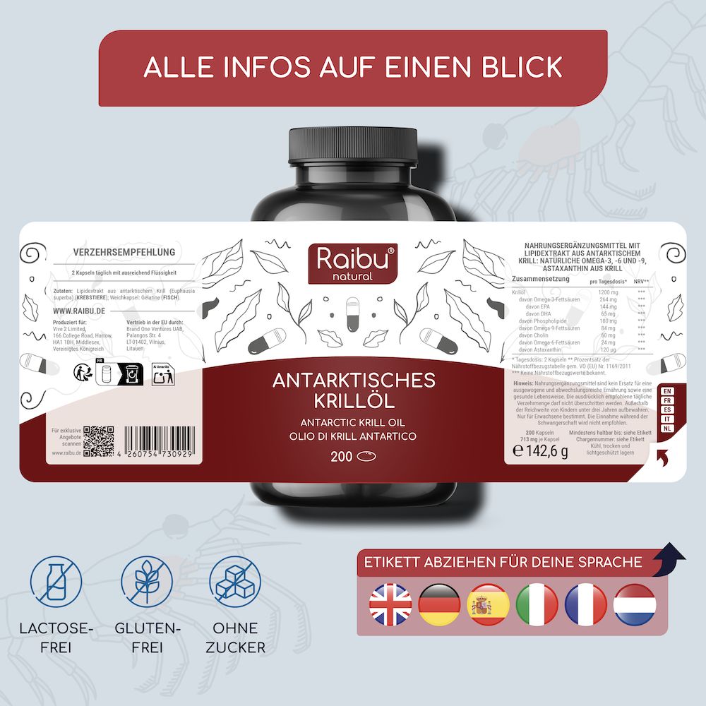 Braune Flasche mit Kapseln. Etikett mit Produktinformationen und Logos. Mehrsprachige Etiketten-Optionen.