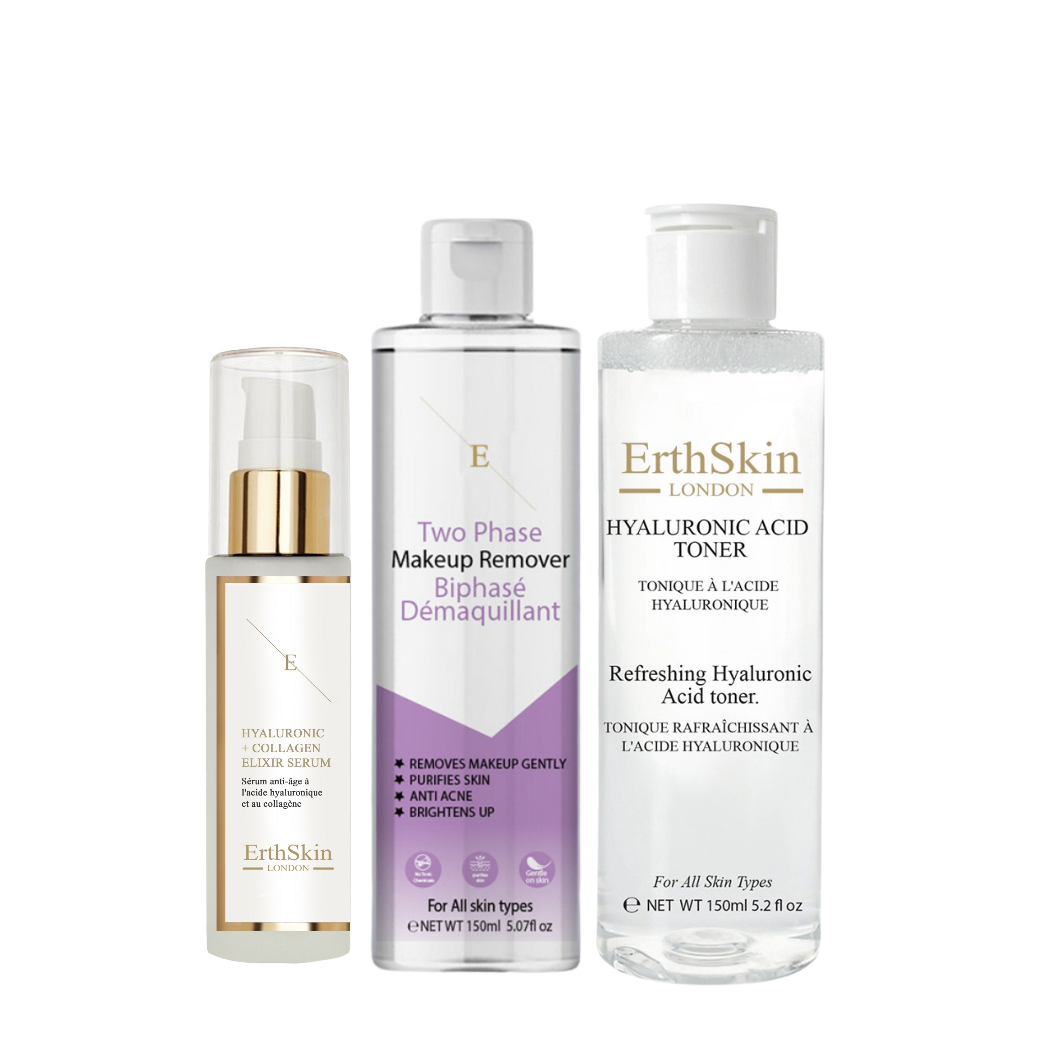 Drei Flaschen ErthSkin London Produkte: Make-up-Entferner, Toner und Serum. Alle mit weißen Deckeln und Etiketten.