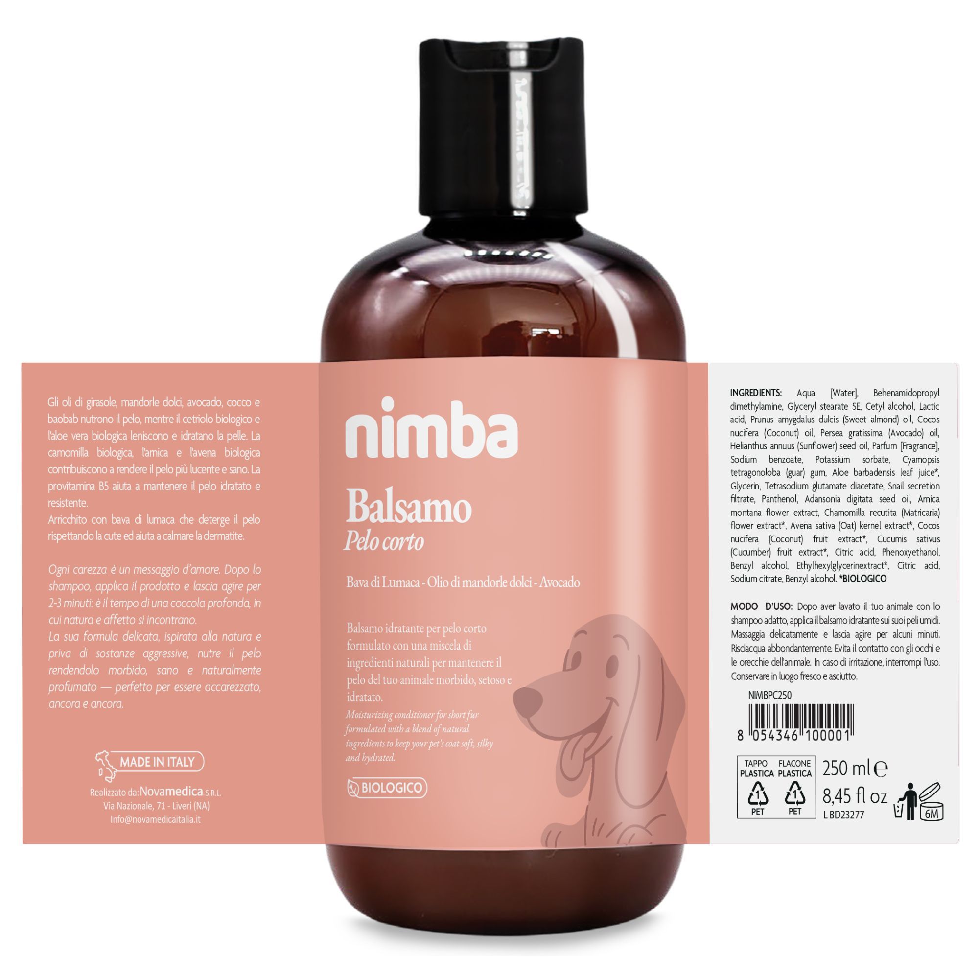 Braune Flasche mit schwarzem Deckel. Etikett mit Produktinformationen und Inhaltsstoffen.