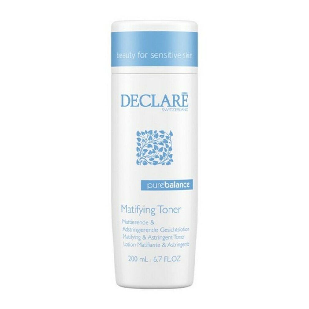 Weiße Flasche mit blauem Deckel. Text: DECLARÉ, purebalance, Matifying Toner. Aufschrift: beauty for sensitive skin.