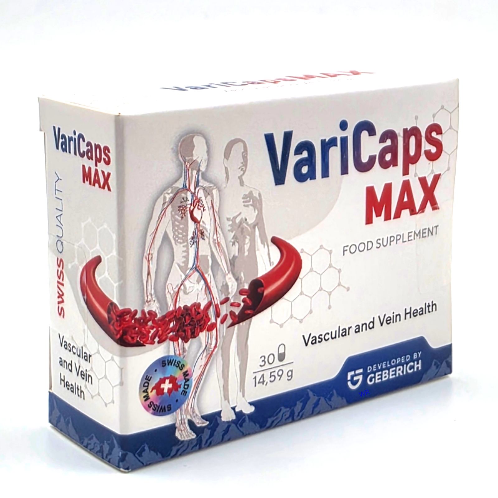 Karton mit Produktname VariCaps MAX. Abbildung eines menschlichen Kreislaufsystems. Aufschrift: Vascular and Vein Health. Swiss Quality.