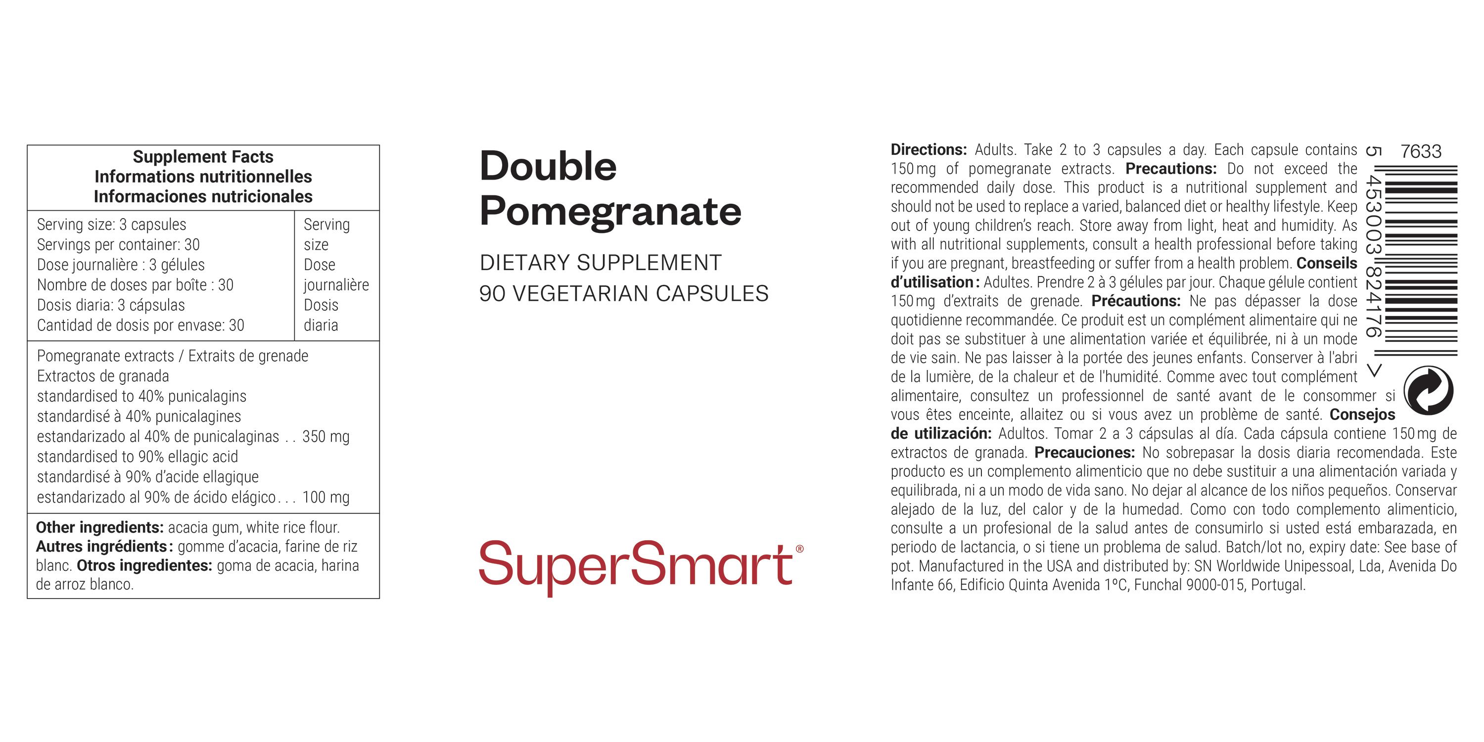 Weißes Etikett mit Text: Double Pomegranate, SuperSmart. Enthält Informationen zu Inhaltsstoffen und Dosierung.