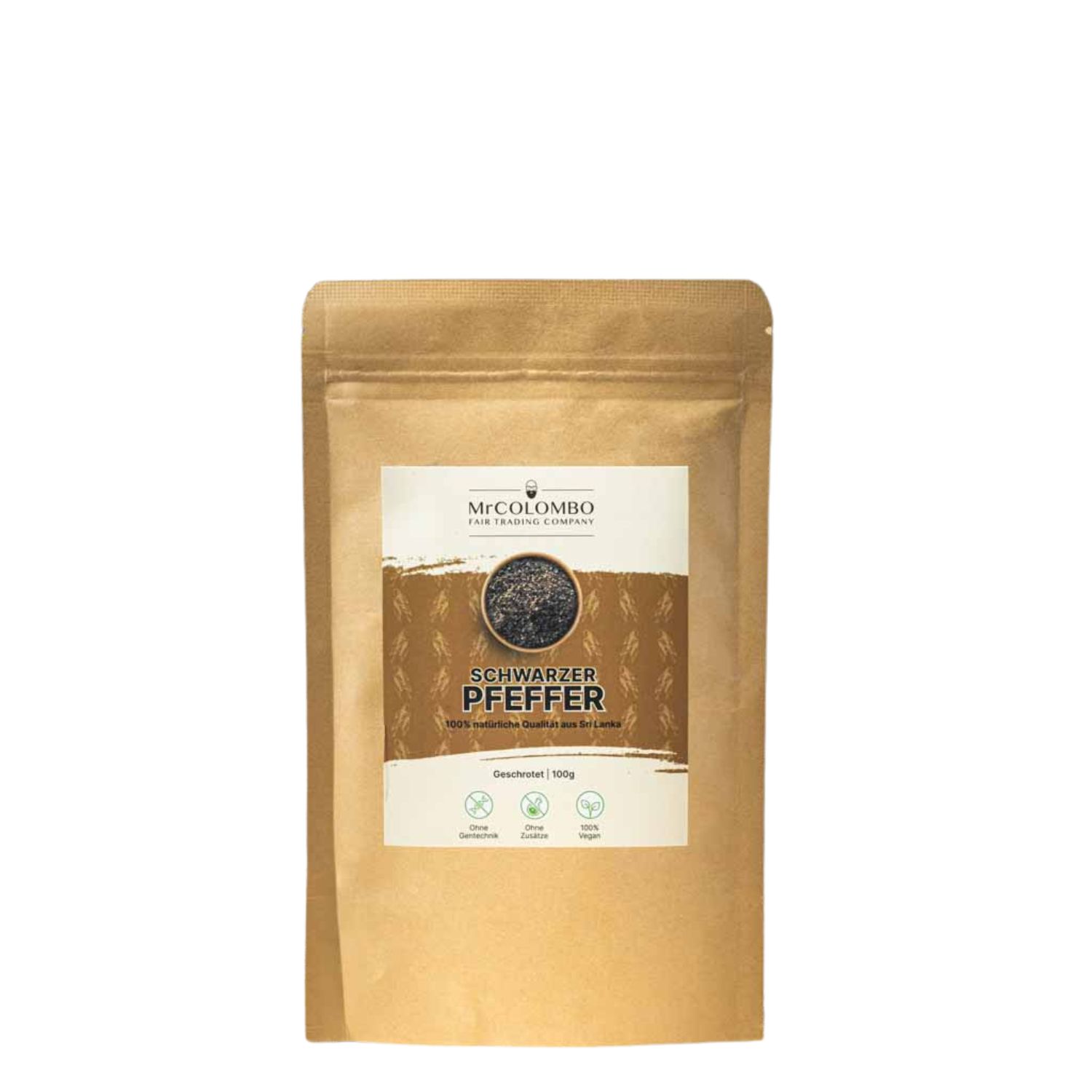 Beutel mit schwarzem Pfeffer. Logo Mr. Colombo. Text: Schwarzer Pfeffer, geschrotet. Siegel: Bio, vegan, ohne Gentechnik.