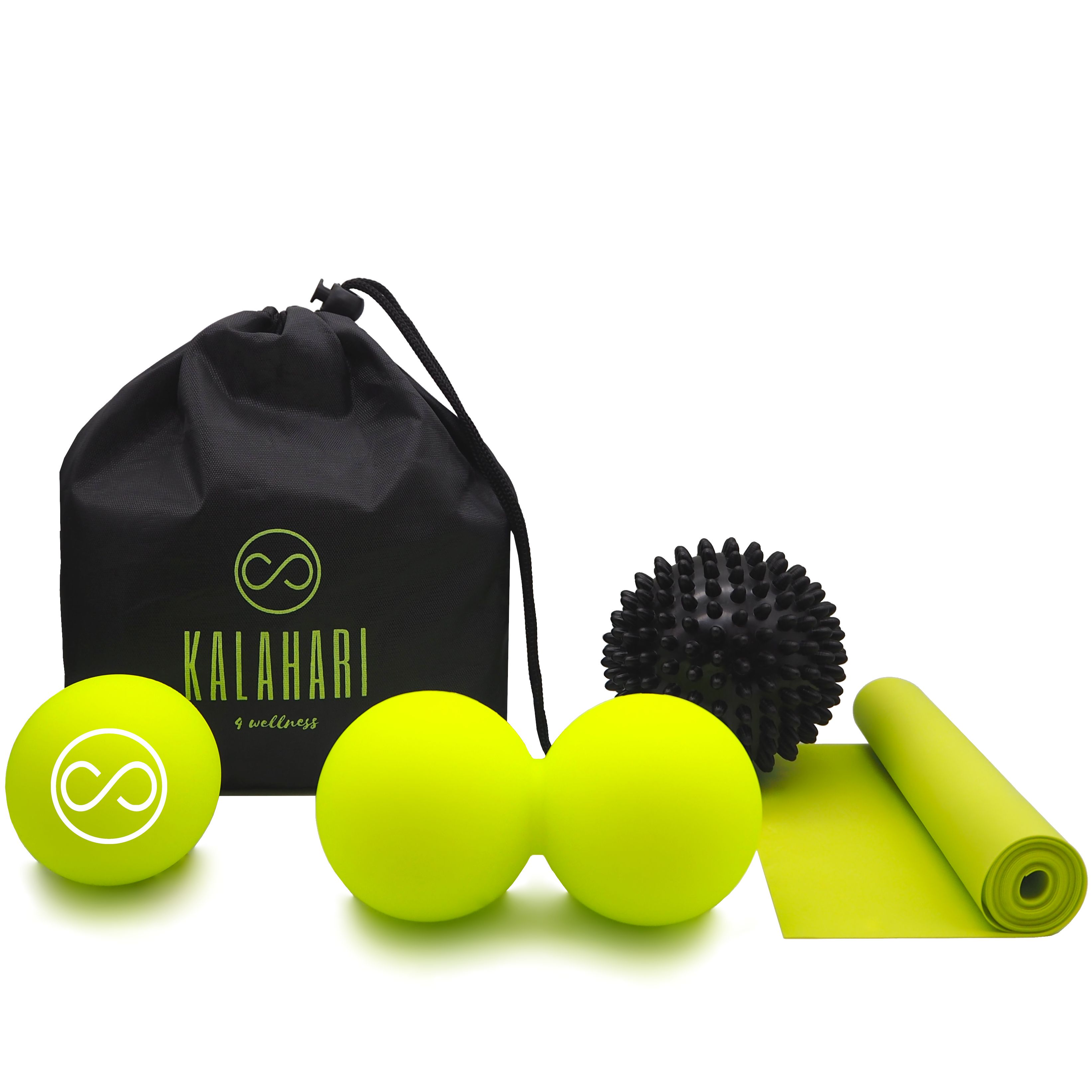 Massageball-Set mit Doppelball, Igelball, Lacrosseball und Band.