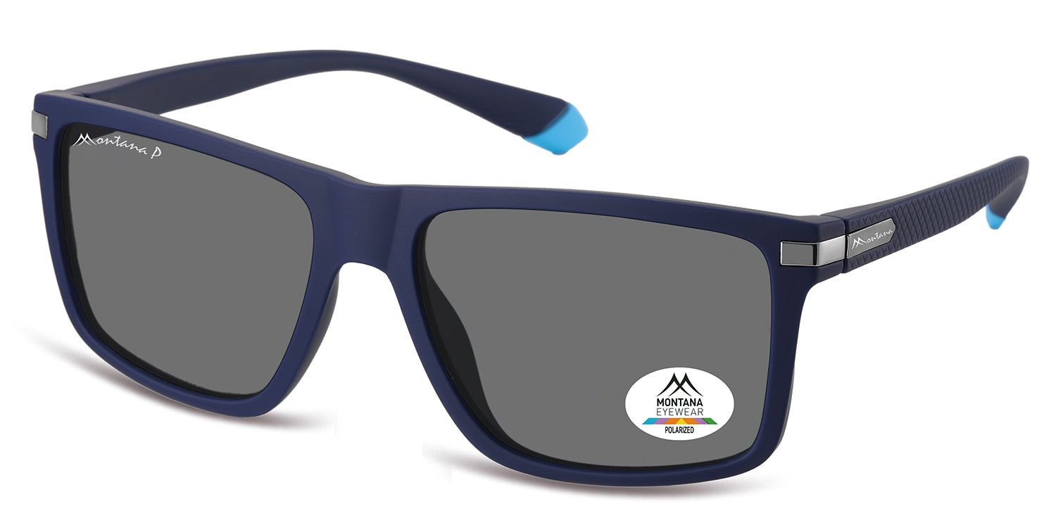 Blaue Sonnenbrille mit grauen Gläsern. Montana Eyewear Logo auf einem Glas. Rechteckige Form.