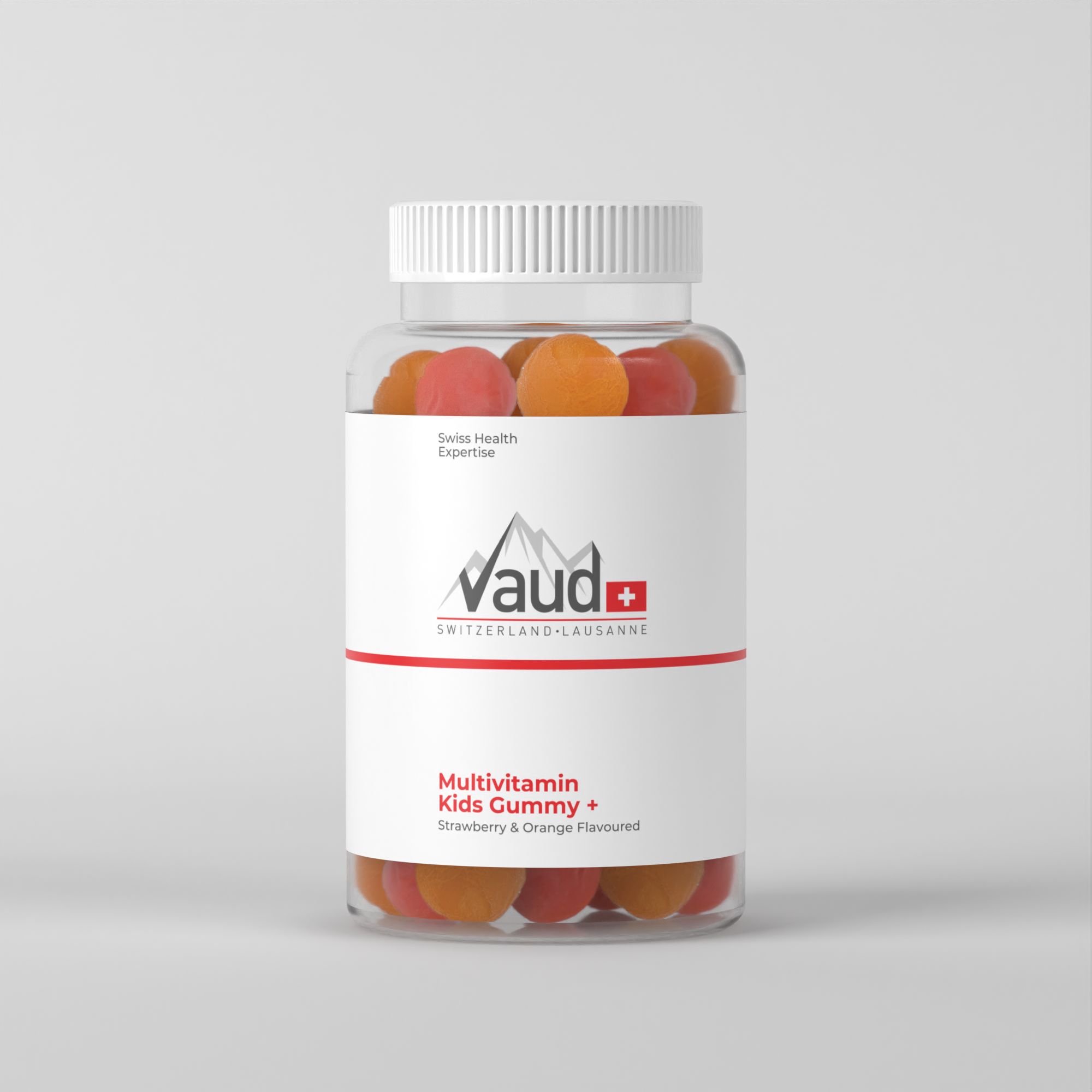 Klare Flasche mit bunten Gummibärchen. Weißes Etikett mit Logo und Text: Multivitamin Kids Gummy + Strawberry & Orange Flavoured.