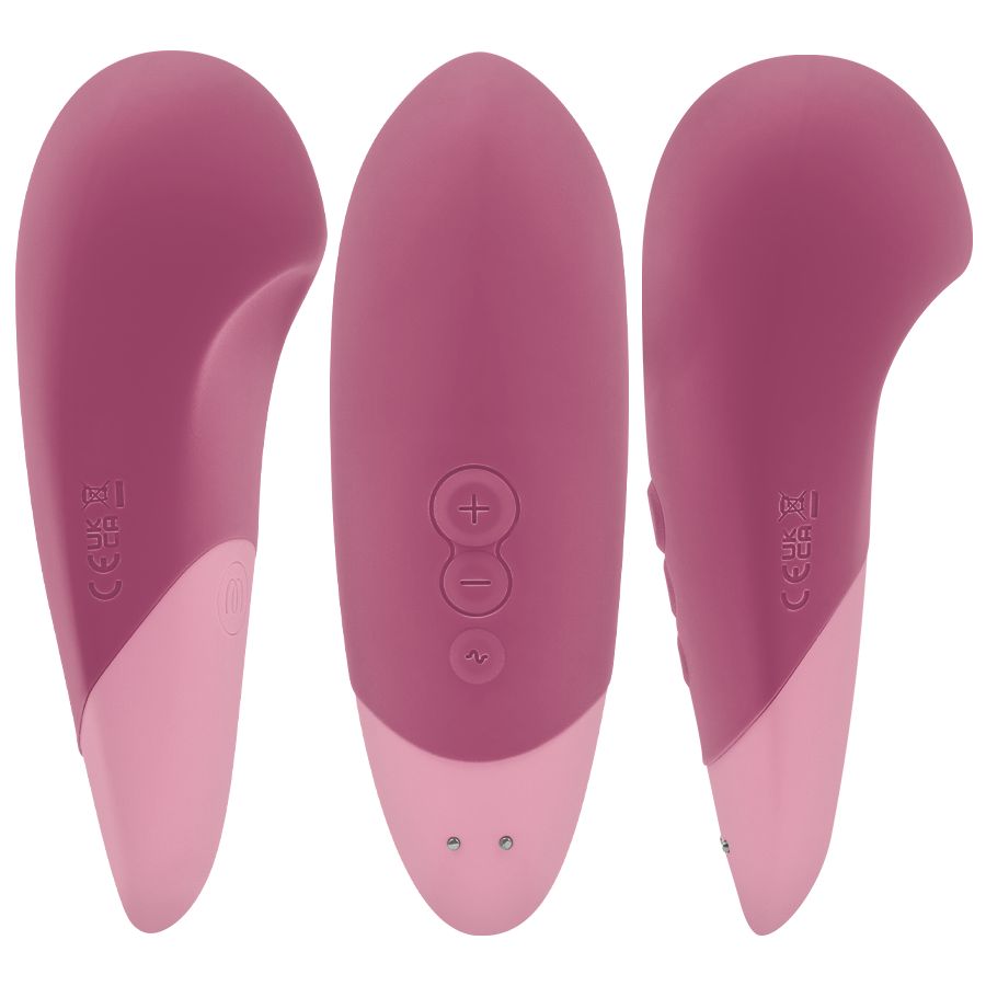Drei Ansichten eines rosa Vibrators. Oben: Bedienknöpfe. Unten: zwei Kontaktpunkte. Seitenansicht: Form und Konturen.