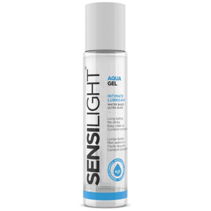 Zylindrische Flasche mit weißem Deckel. Aufschrift: SENSILIGHT, AQUA GEL, Intimate Lubricant, Wasserbasis. Kondomkompatibel.