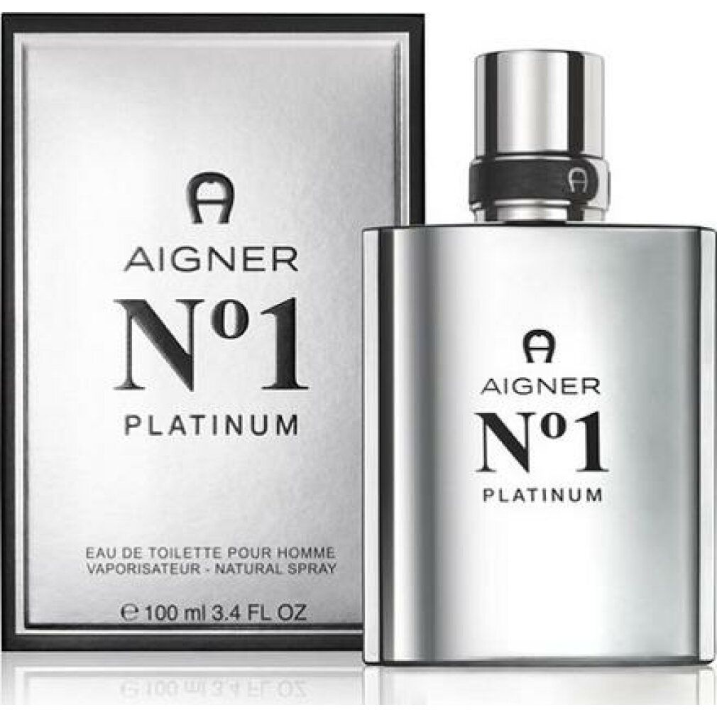 Aigner No. 1 Platinum EdT. Flakon und Verpackung. Silberfarbener Flakon und Verpackung. Schwarze Schrift.