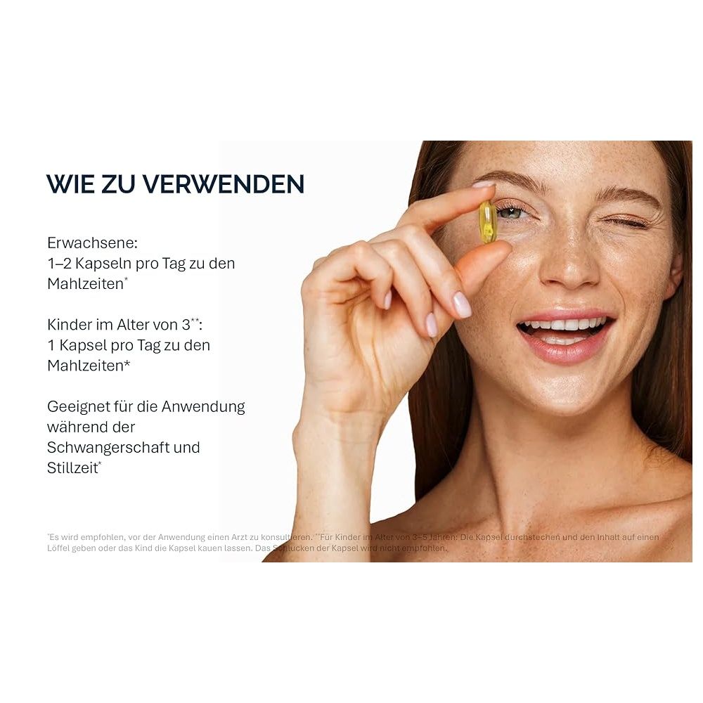 Frau hält Kapsel. Text: 1-2 Kapseln pro Tag. Geeignet für Schwangerschaft und Stillzeit.