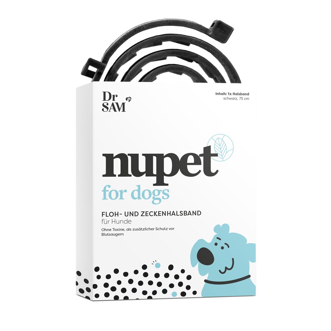 Verpackung von Dr. SAM Nupet Zeckenhalsband. Schwarzes Halsband, 75 cm. Aufschrift: nupet for dogs, Floh- und Zeckenhalsband.
