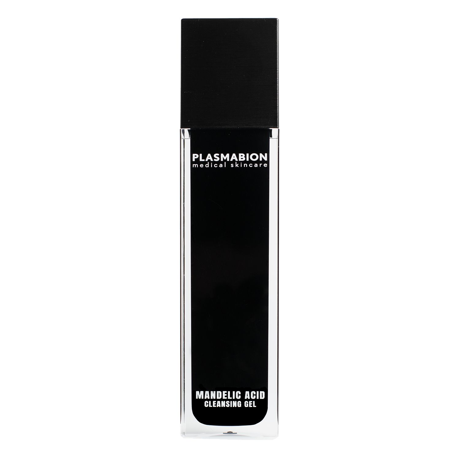 Schwarze Flasche mit quadratischem Deckel. Aufschrift: PLASMABION medical skincare, MANDELIC ACID CLEANSING GEL.