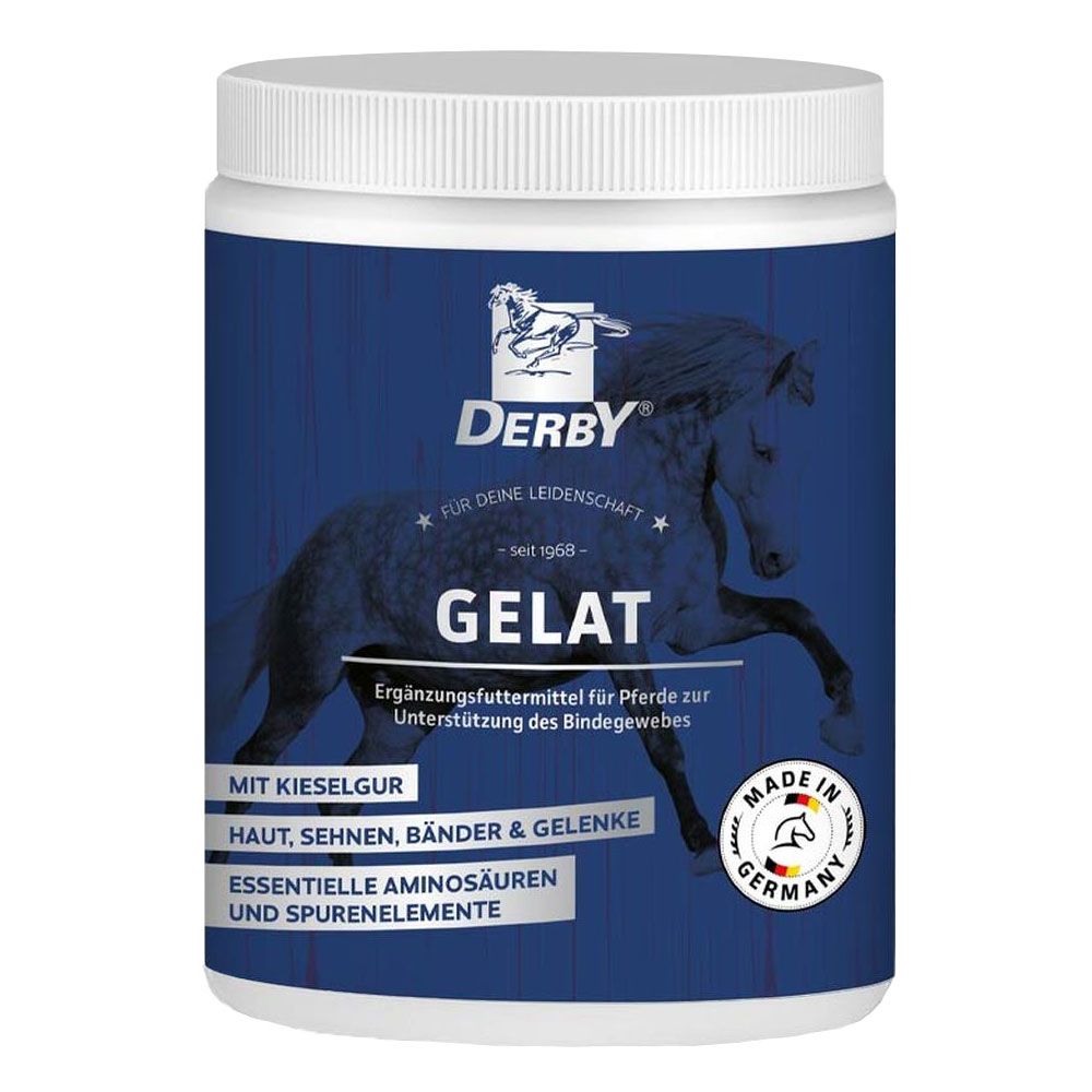 Blaue Dose mit weißem Deckel. Aufschrift: DERBY GELAT. Enthält Kieselerde, Aminosäuren und Spurenelemente. Hergestellt in Deutschland.