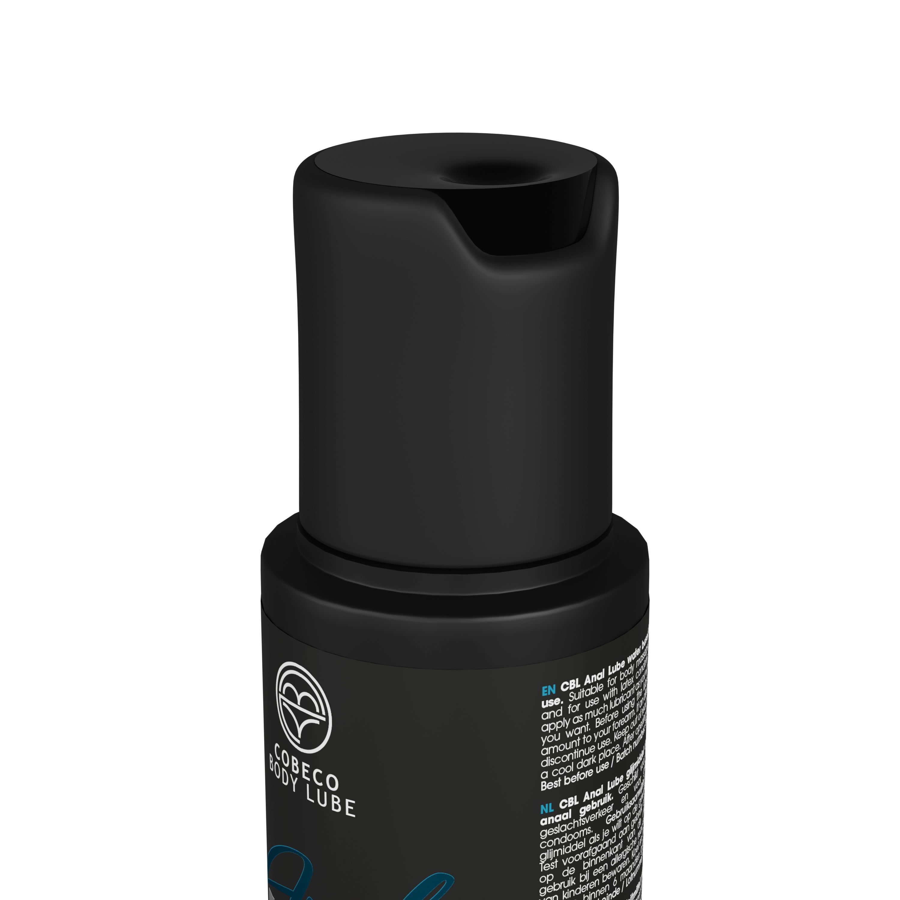 Nahaufnahme des schwarzen Deckels einer Flasche. Marke: Cobeco Body Lube.