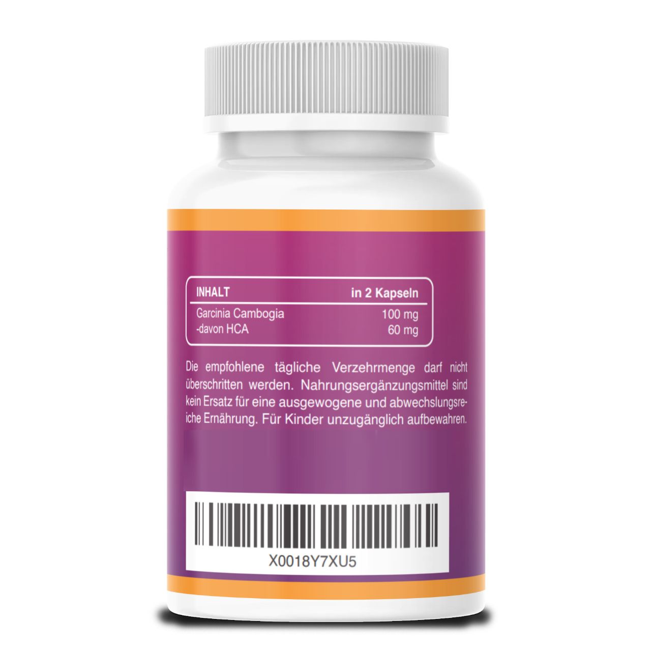 Rückseite einer weißen Pillenflasche. Lila Etikett mit Inhaltsangaben und Barcode.