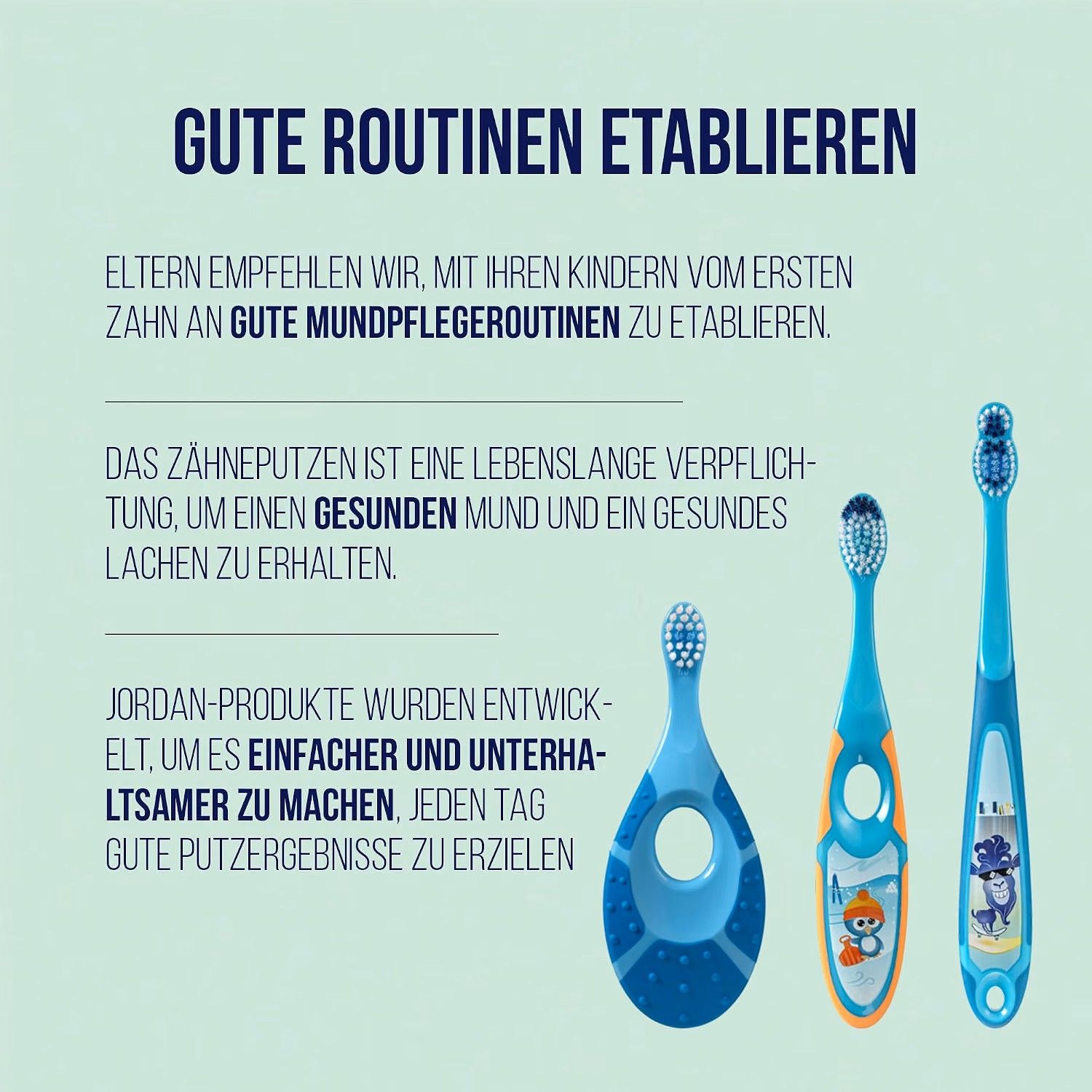Drei Jordan Babyzahnbürsten in Blau und Orange mit Tiermotiven, für Kinder von 0-2 Jahren.