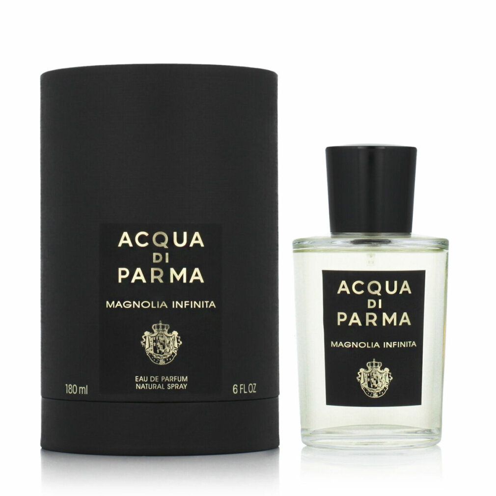 Parfümflakon neben schwarzer zylindrischer Verpackung. Aufschrift: Acqua di Parma, Magnolia Infinita. Goldfarbene Details.