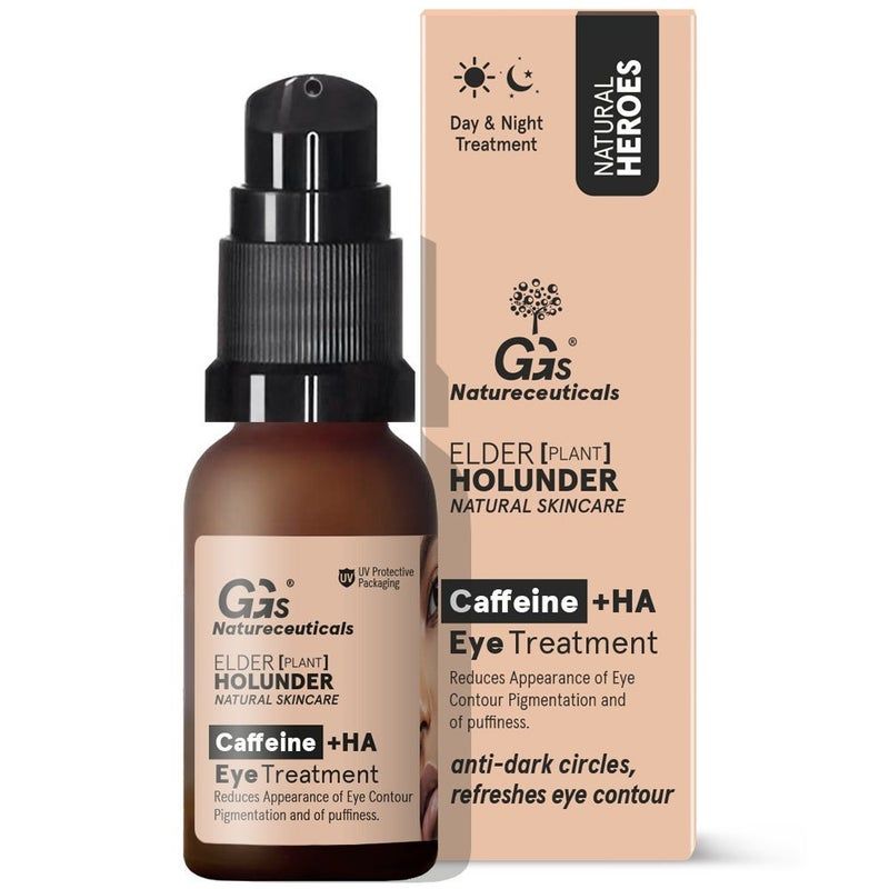 Braune Glasflasche mit schwarzem Pumpkopf und Karton. Aufschrift: Caffeine + HA Eye Treatment. Reduziert Augenringe.