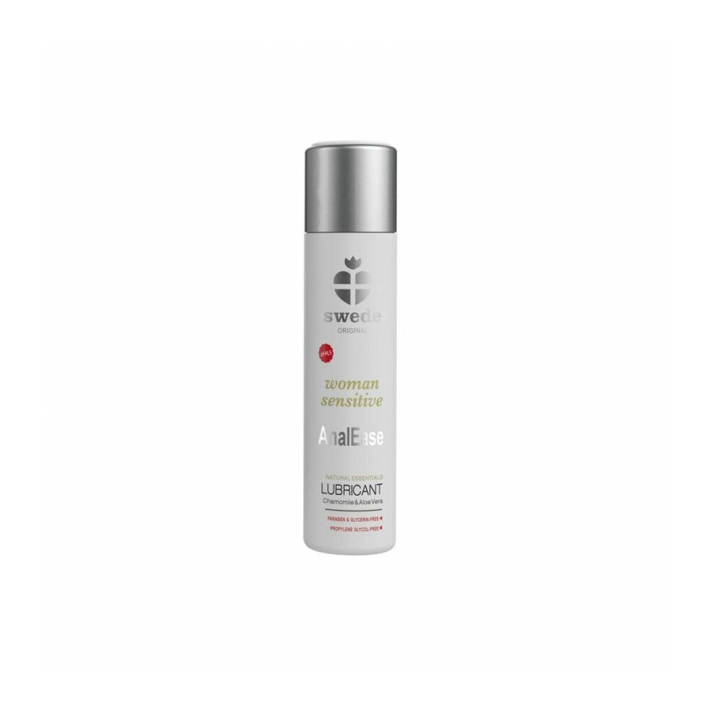 Zylindrische Flasche mit silbernem Deckel. Aufschrift: Swede, woman sensitive AnalEase, Lubricant. Inhaltsstoffe: Kamille & Aloe Vera.
