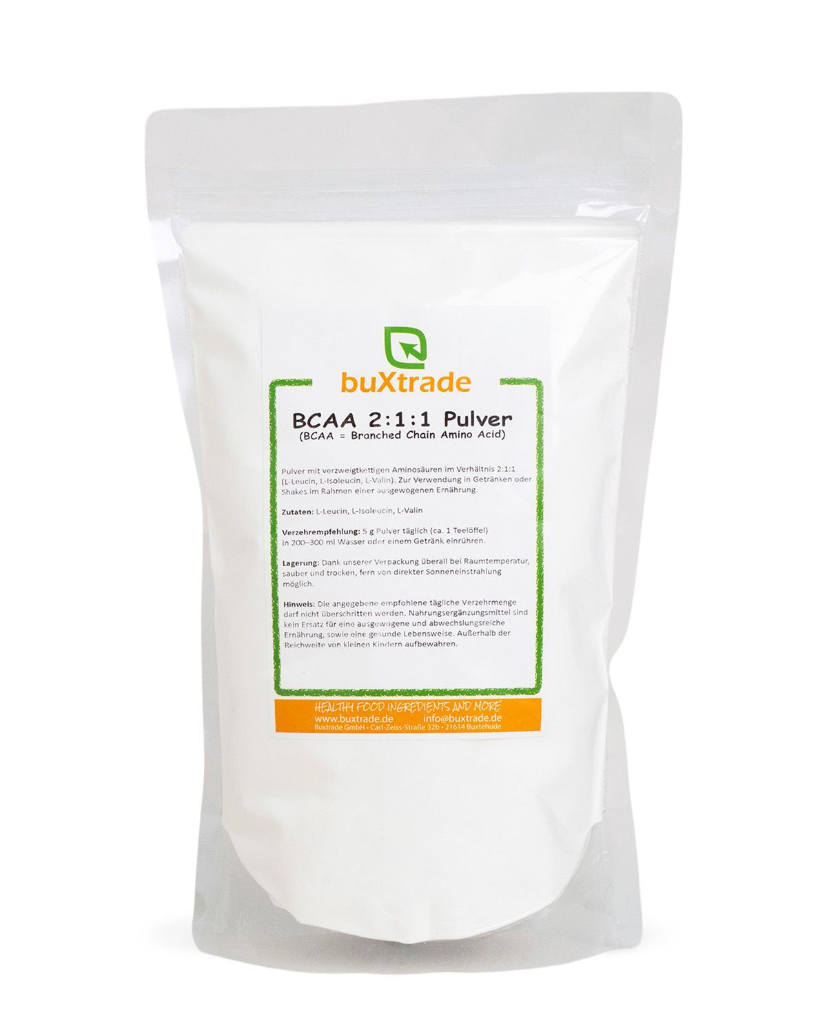 Bequeme Pulververpackung von buXtrade BCAA 2:1:1.