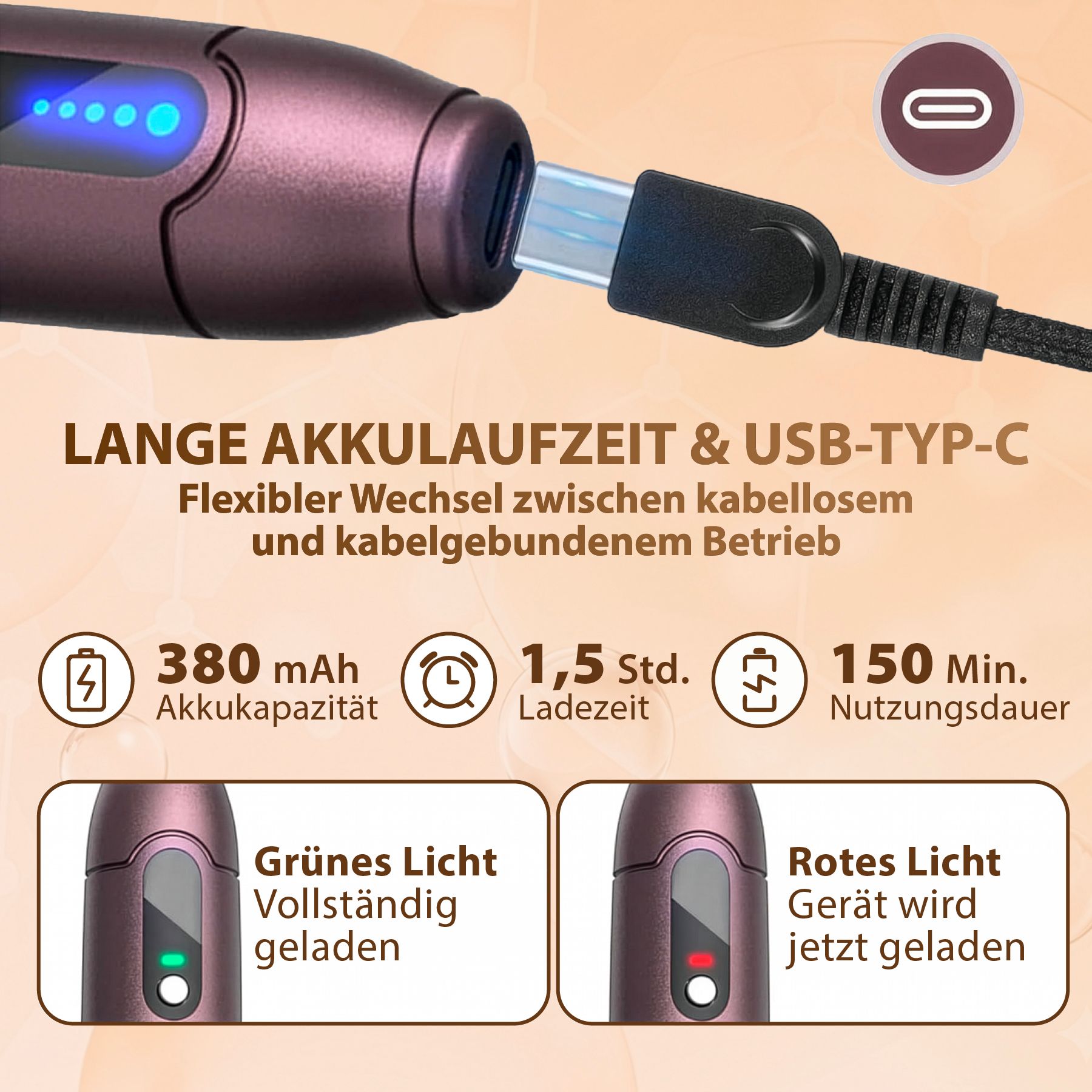Lila Gerät mit USB-C-Anschluss, 380 mAh Kapazität, 1,5 Std. Ladezeit, 150 Min. Laufzeit. Grünes Licht: voll geladen, rotes Licht: lädt.