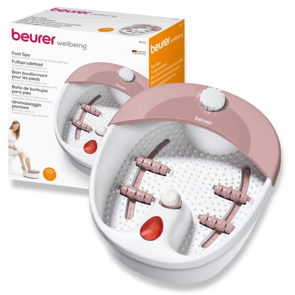 Fußsprudelbad in Verpackung. Rosa-weißes Gerät. Verpackung zeigt Gerät und Frau. Text: wellbeing.