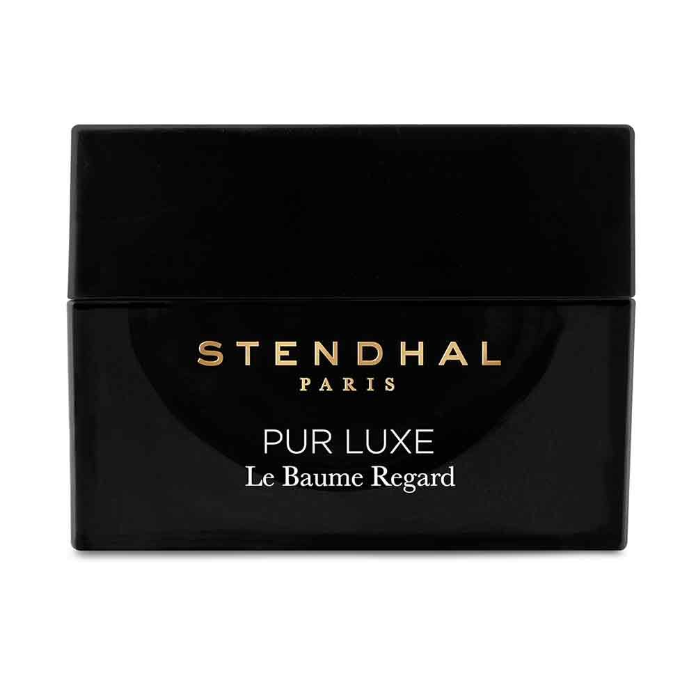 Schwarzer Tiegel mit goldfarbenem Schriftzug. Aufschrift: STENDHAL PARIS, PUR LUXE Le Baume Regard.