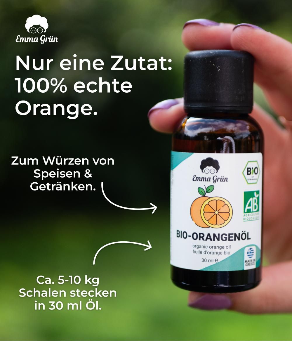 Flasche Bio-Orangenöl. Text: Nur eine Zutat: 100% echte Orange. Zum Würzen von Speisen & Getränken. 30 ml.
