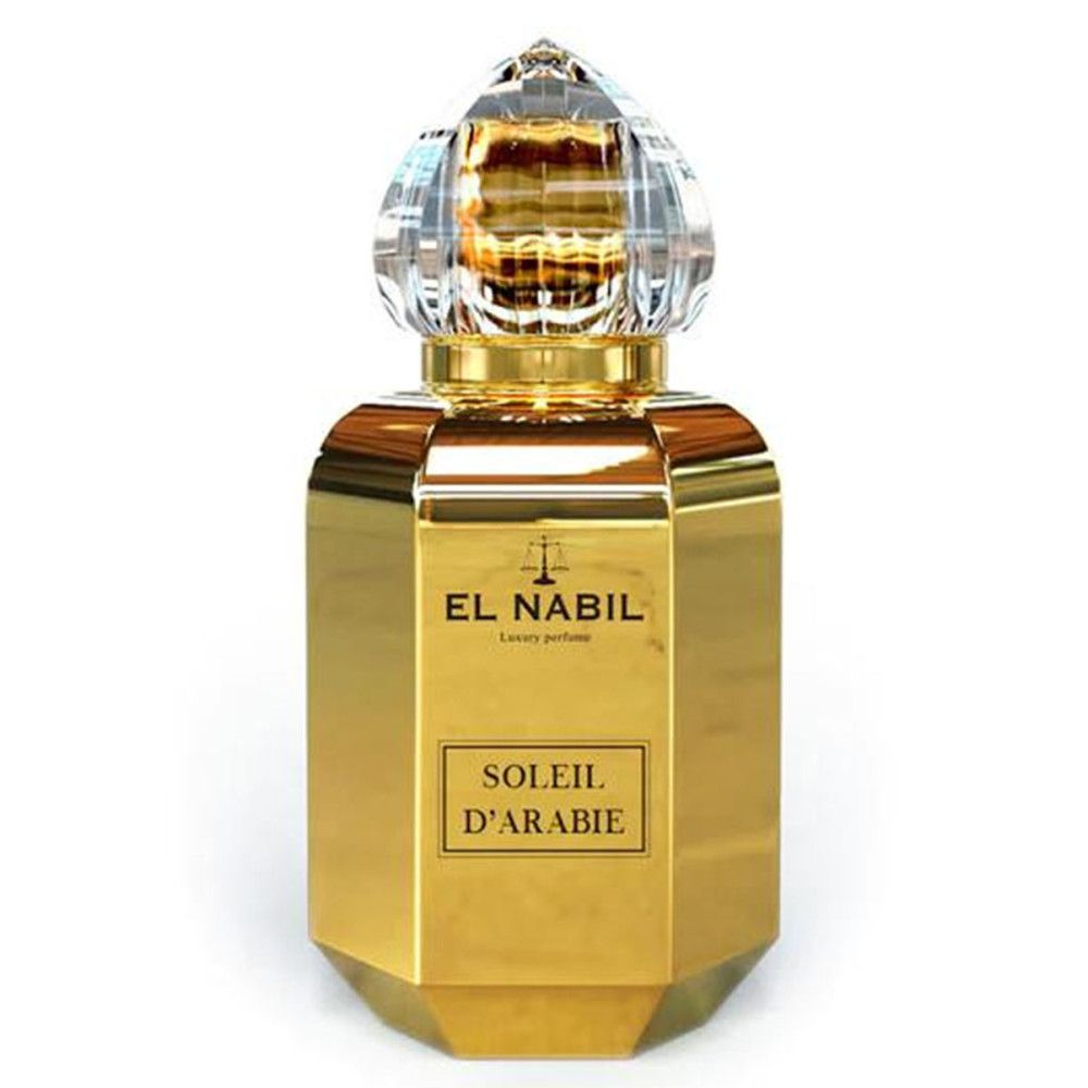 Goldfarbener Flakon mit Kristallverschluss. Aufschrift: EL NABIL, SOLEIL D'ARABIE. Luxus-Parfüm.