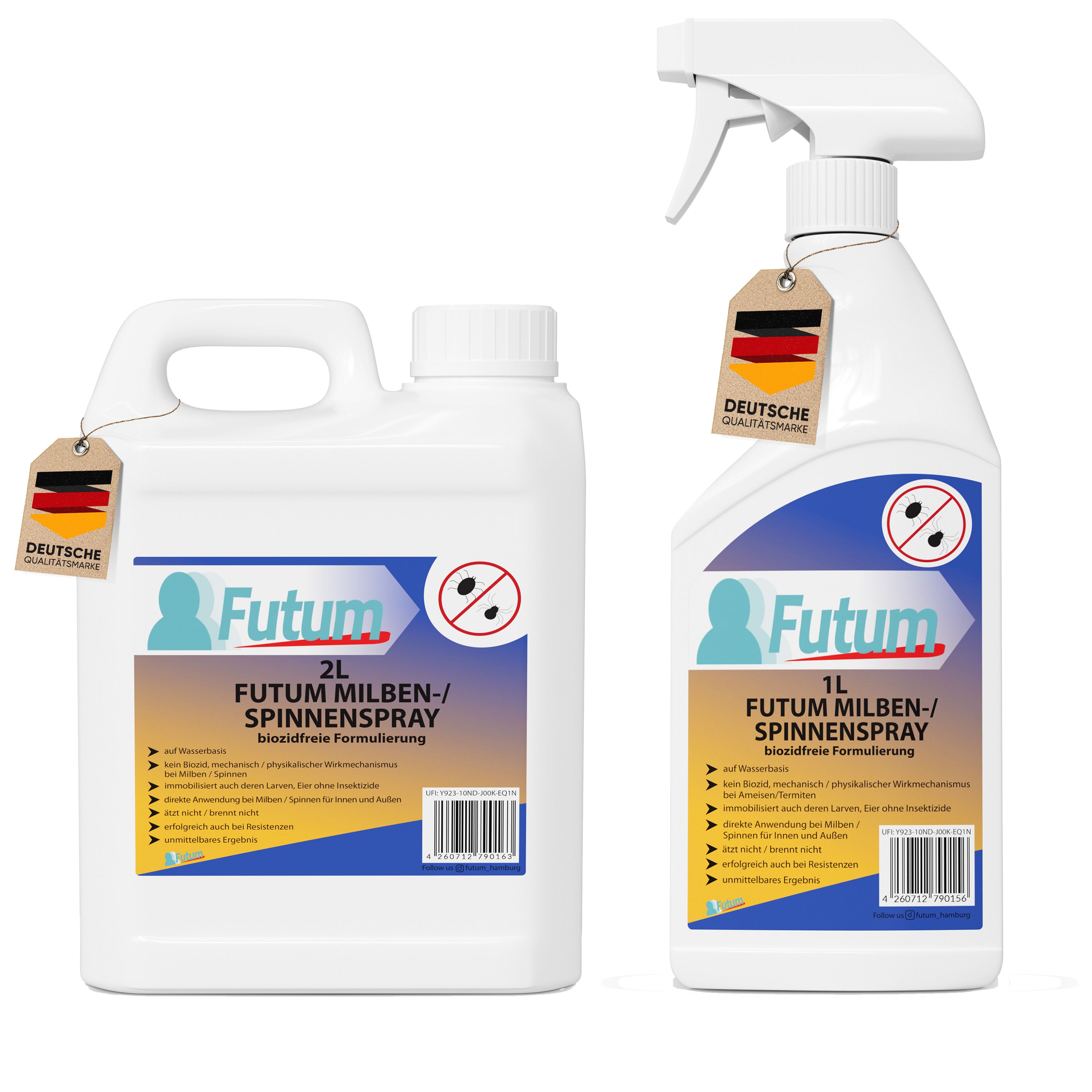 Zwei weiße Flaschen FUTUM Milben-/Spinnenspray. Eine 2L Flasche und eine 1L Sprühflasche. Beide mit Etiketten und deutschem Qualitätssiegel.