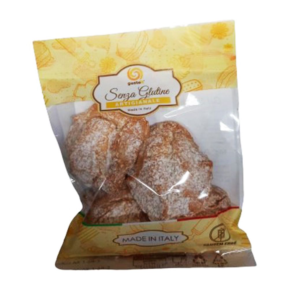 Confezione di pasticceria. Scritta: Senza Glutine, Artigianale. Simbolo senza glutine. Made in Italy.