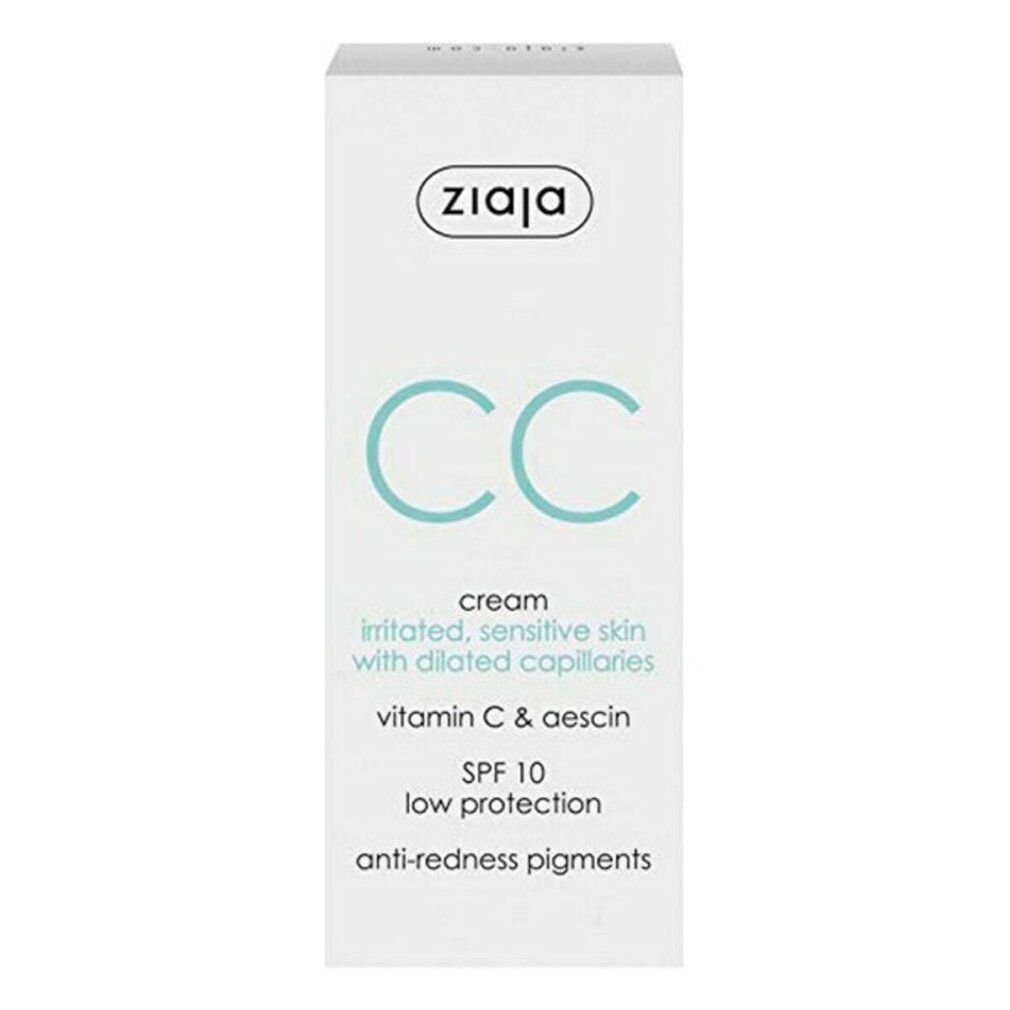 Weiße Schachtel mit grünem Aufdruck. Text: Ziaja, CC cream, irritated, sensitive skin, vitamin C & aescin, SPF 10, anti-redness pigments.
