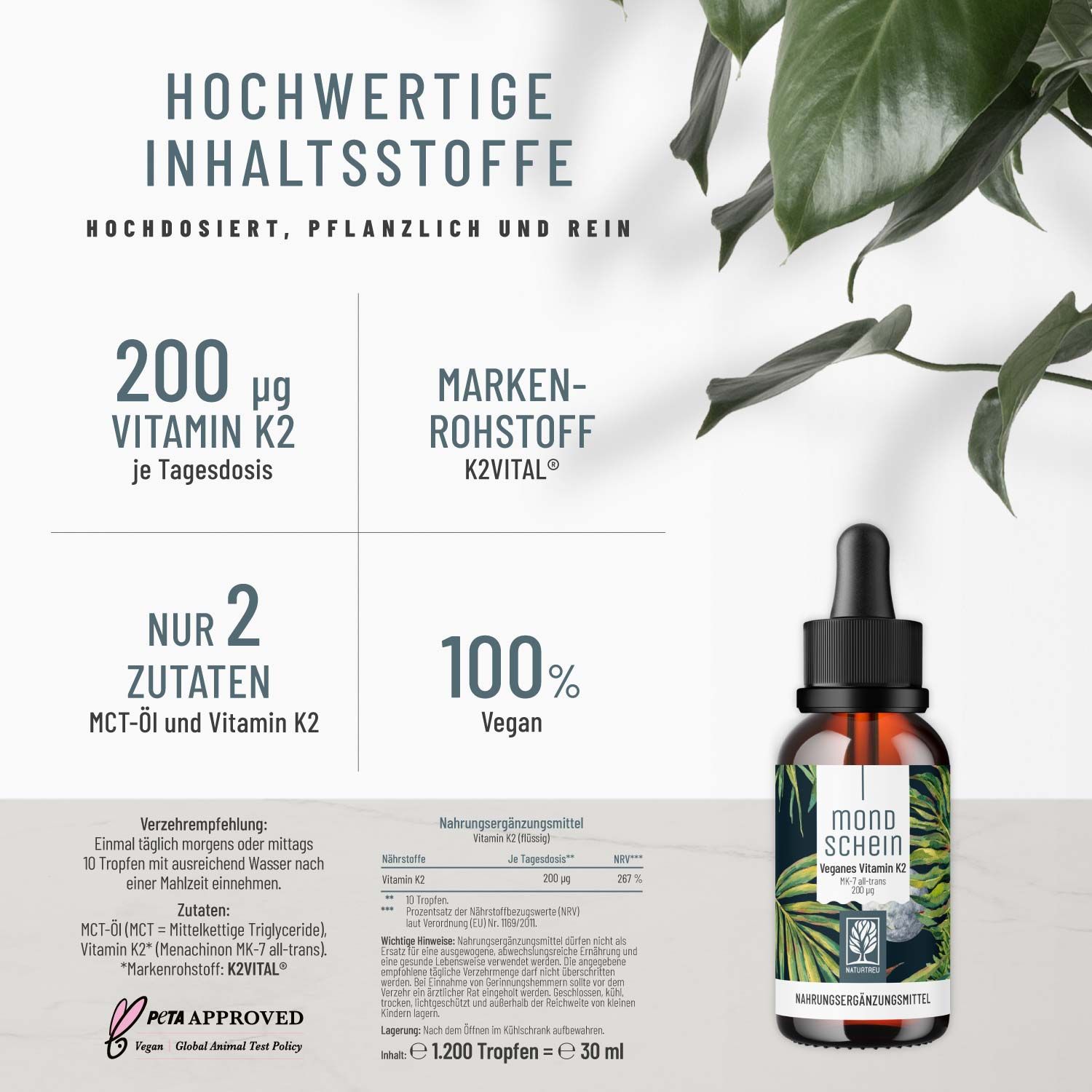 Vitamin K2 Tropfen hochdosiert & Vegan - MK7 All Trans 100% pflanzlich - Mondschein - NATURTREU®