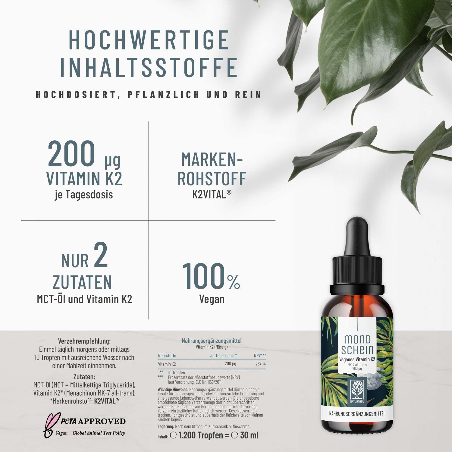 Vitamin K2 Tropfen hochdosiert & Vegan - MK7 All Trans 100% pflanzlich Mondschein Naturtreu® 30 ml