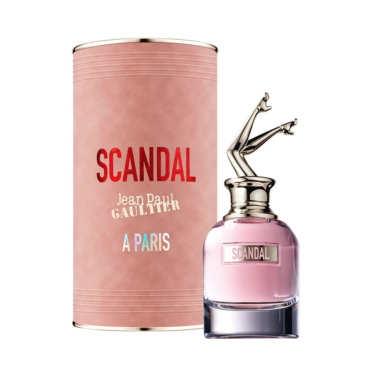 Parfümflakon und zylindrische Verpackung. Rosa Flakon mit goldfarbenen Beinen. Aufschrift "SCANDAL". Verpackung rosa.