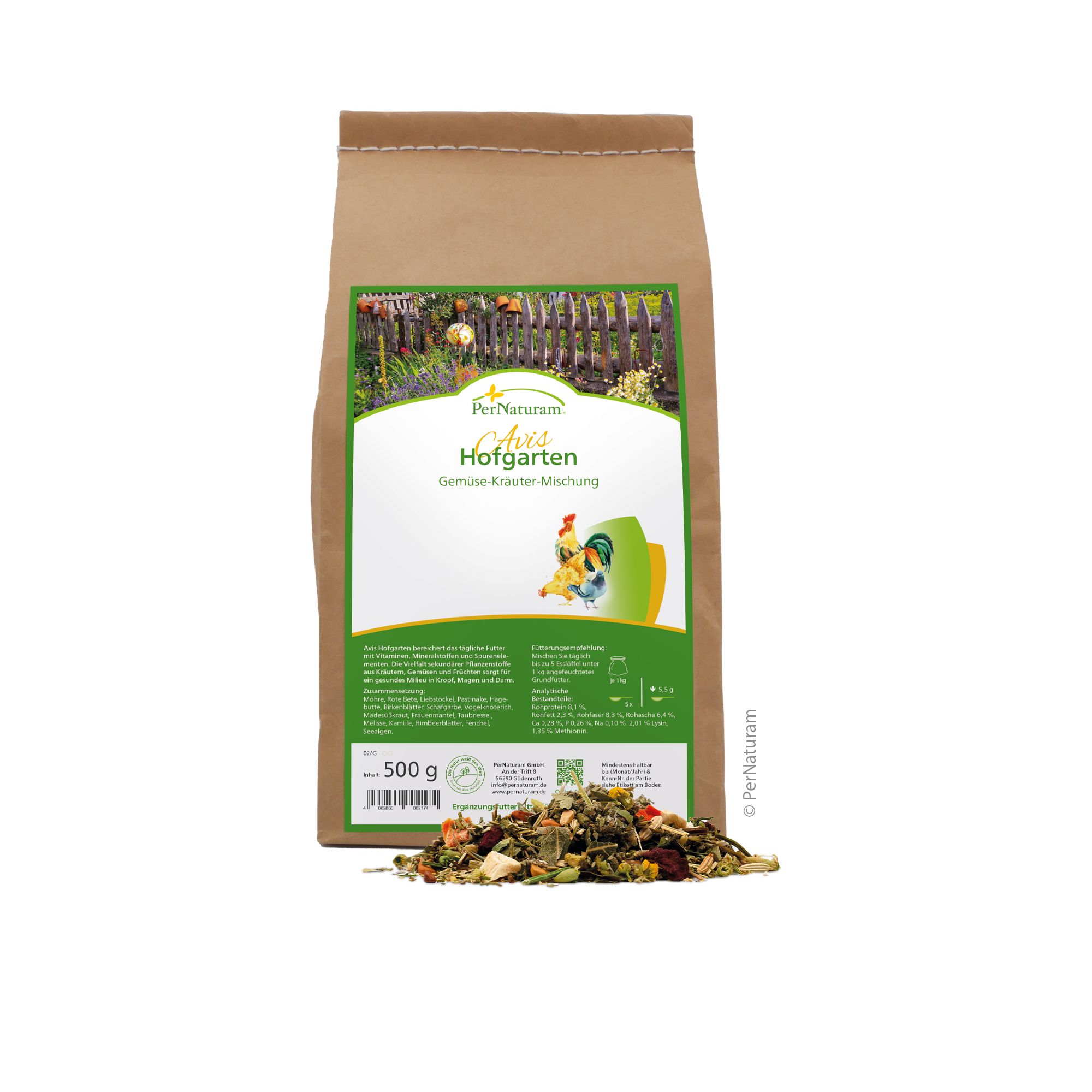Braune Papiertüte mit Etikett. Aufschrift: Avis Hofgarten Gemüse-Kräuter-Mischung. Unten ein Haufen Kräuter-Gemüse-Mischung. 500g.