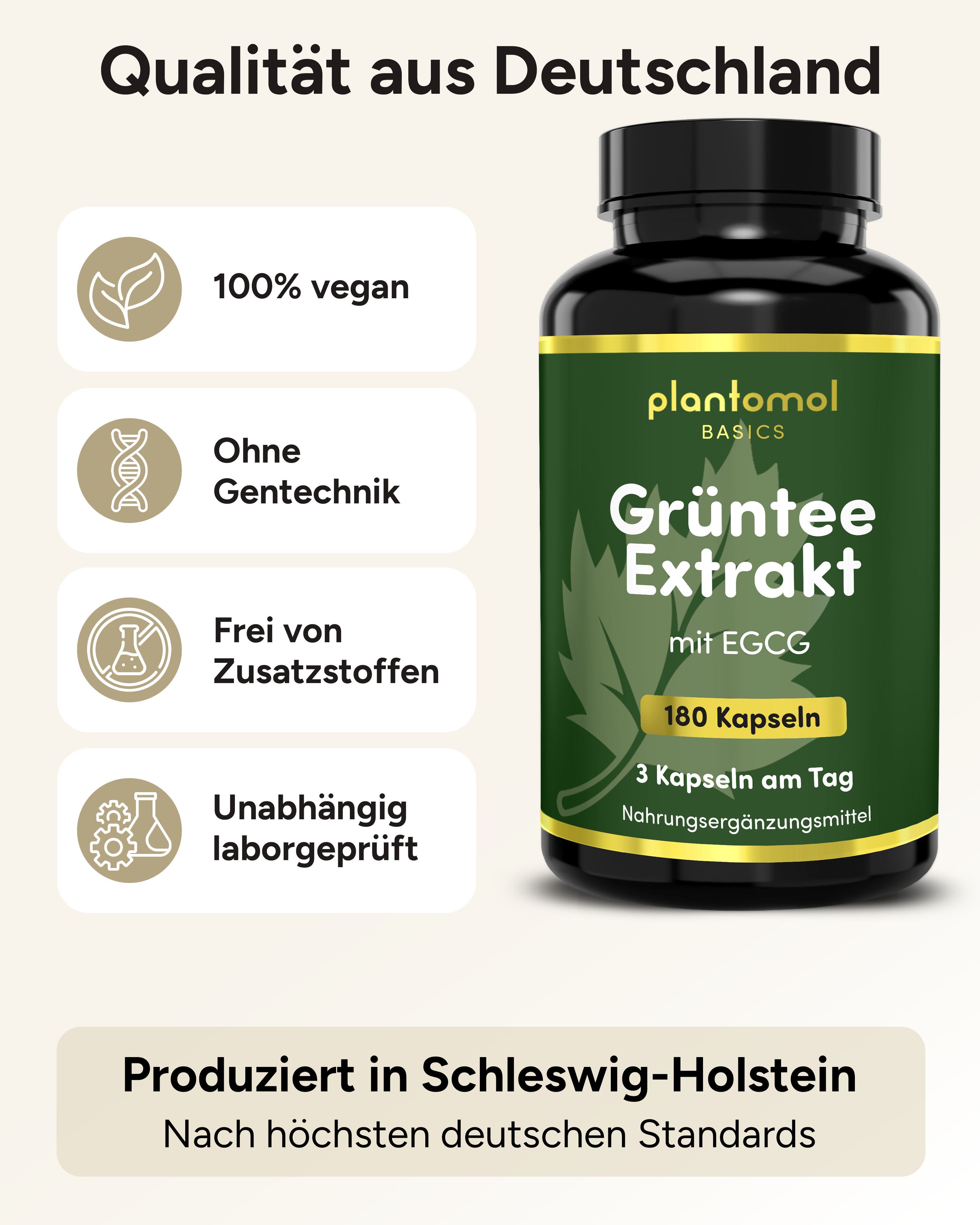 Grüntee Extrakt Flasche. Text: 100% vegan, ohne Gentechnik, frei von Zusatzstoffen, laborgeprüft.