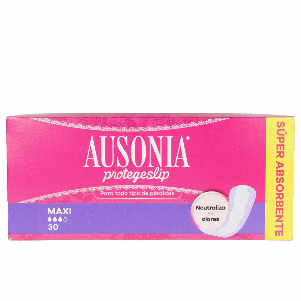 Ausonia Protegeslip Maxi Slipeinlagen, Packung. Rosa-weißes Design, Produktabbildung, Text: Maxi 30, Super Absorbente.