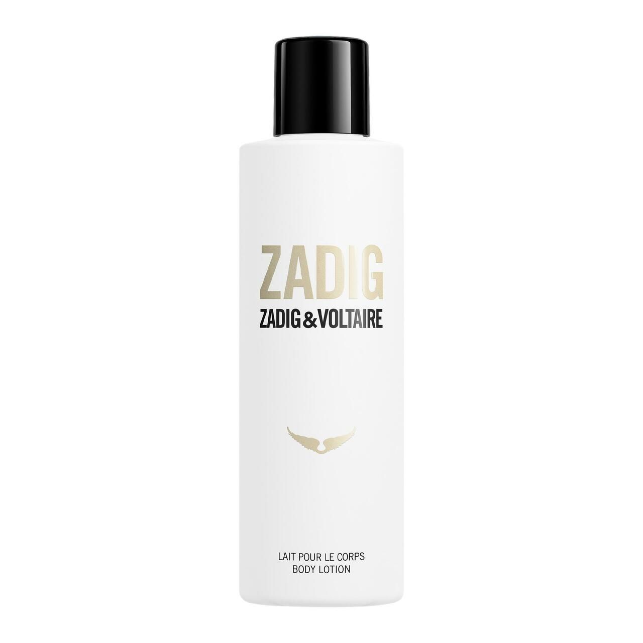 Weiße Flasche mit schwarzem Deckel. Aufschrift: ZADIG, ZADIG & VOLTAIRE. Unterhalb: LAIT POUR LE CORPS, BODY LOTION. Logo.